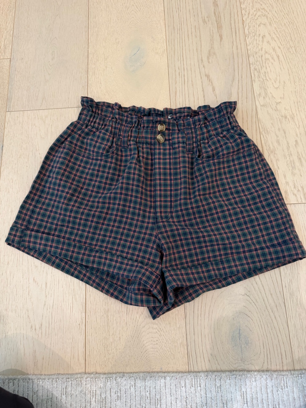 American Eagle Outfitters Plaid High-Waist Shorts - Navy & Burgundy